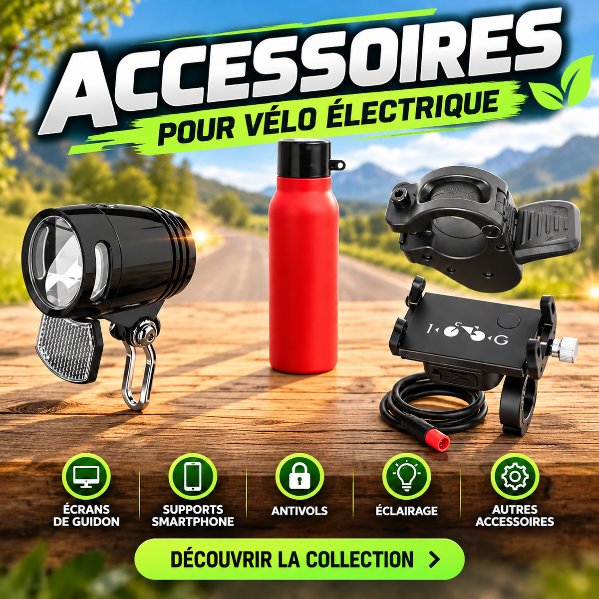 Visuel de la collection accessoires pour vélo électrique EcoCycle Mobilité, présentant des éclairages LED, des commandes et des accessoires pour équiper et améliorer son vélo électrique.