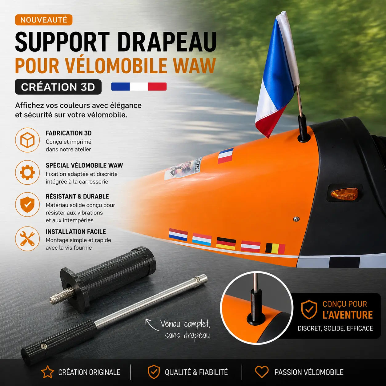 Support de drapeau pour vélomobile WAW – Création 3D