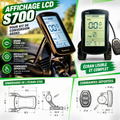 Infographie de l’écran LCD Geeko S700 pour kit de conversion de vélo électrique, avec grand écran rétroéclairé affichant la vitesse, le niveau d’assistance et l’état de la batterie. Présentation des commandes déportées au guidon et des dimensions de l’écran et des boutons.