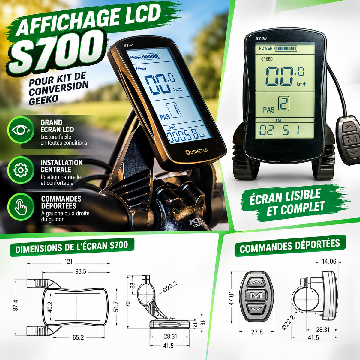 Infographie de l’écran LCD Geeko S700 pour kit de conversion de vélo électrique, avec grand écran rétroéclairé affichant la vitesse, le niveau d’assistance et l’état de la batterie. Présentation des commandes déportées au guidon et des dimensions de l’écran et des boutons.
