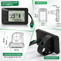 Infographie de l’écran LCD Geeko pour vélo électrique présentant l’affichage de la vitesse, du kilométrage et du niveau de batterie, avec les dimensions de l’écran et de son support de fixation sur un guidon de 22,2 mm.