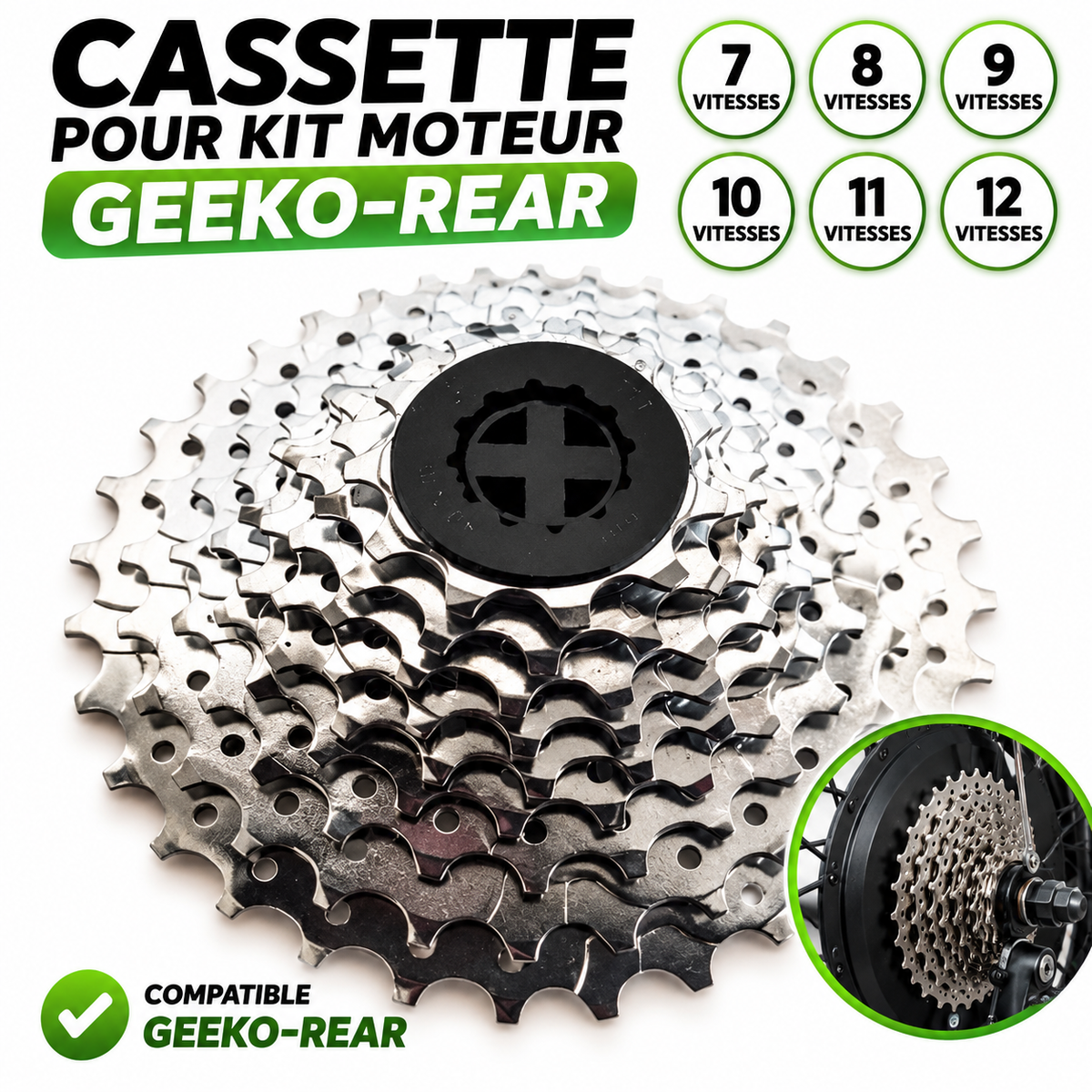 Cassette pour kit moteur Geeko-Rear – 7 à 12 vitesses EcoCycle Mobilité