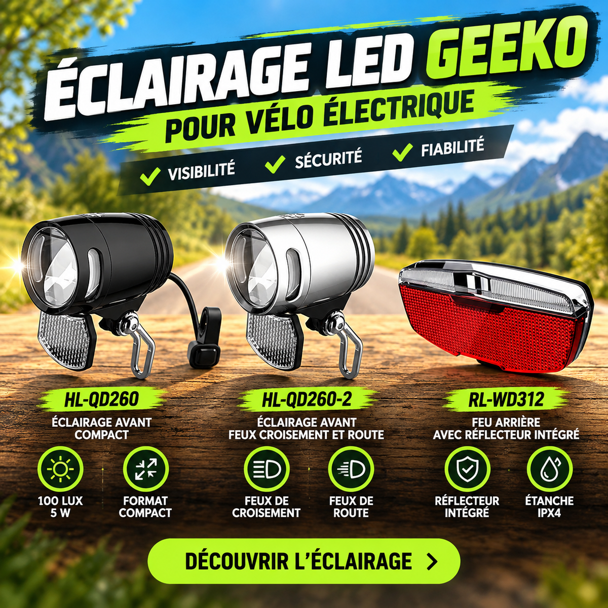 Éclairage LED Geeko pour vélo électrique avec deux feux avant et un feu arrière rouge, modèles HL-QD260, HL-QD260-2 et RL-WD312.
