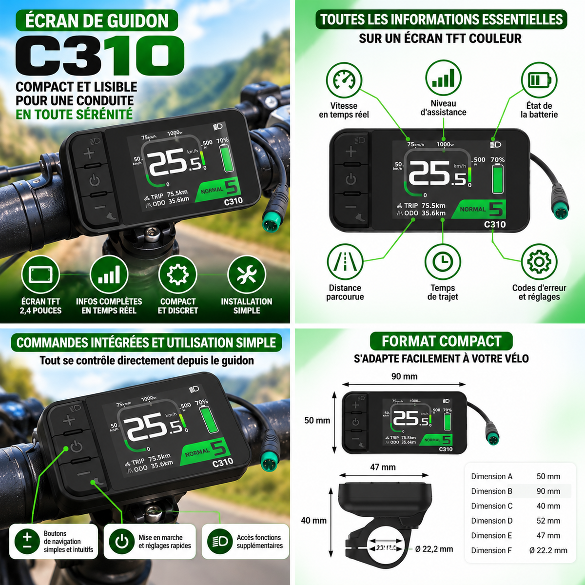 Infographie de l’écran de guidon Geeko C310 pour vélo électrique, avec écran TFT couleur de 2,4 pouces, affichage de la vitesse, du niveau d’assistance, de la batterie et de la distance parcourue, commandes intégrées et dimensions de fixation.