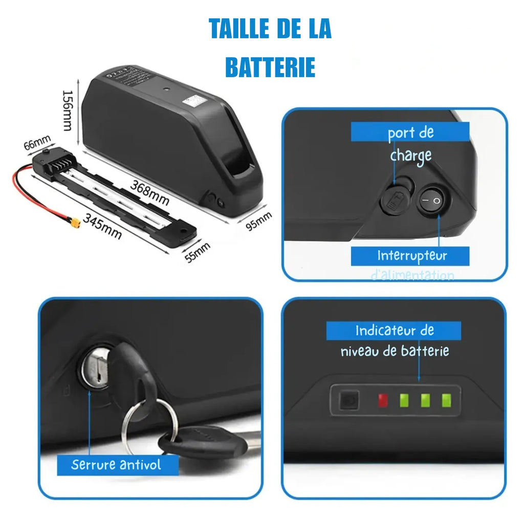 batterie vélo électrique 48V avec indicateur niveau et système antivol