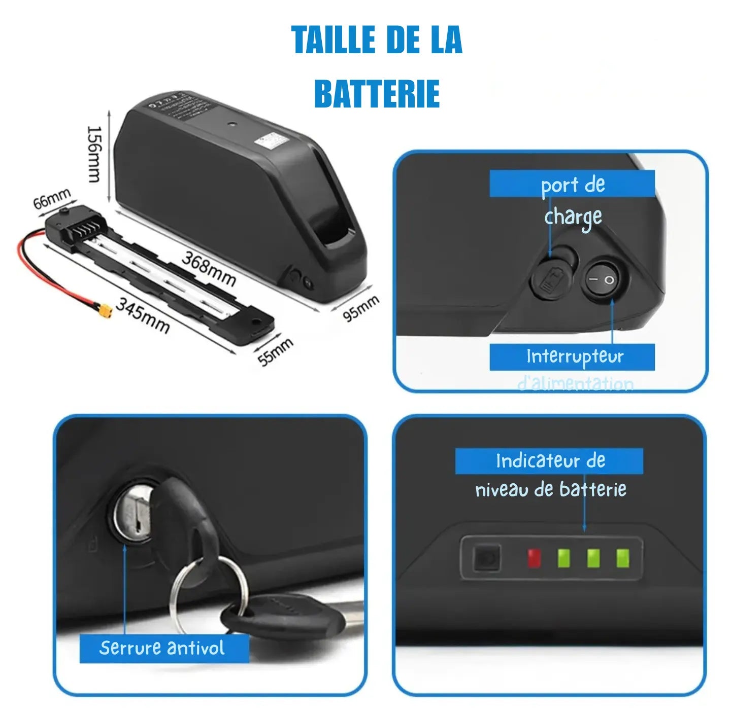 batterie vélo électrique 48V avec indicateur niveau et système antivol