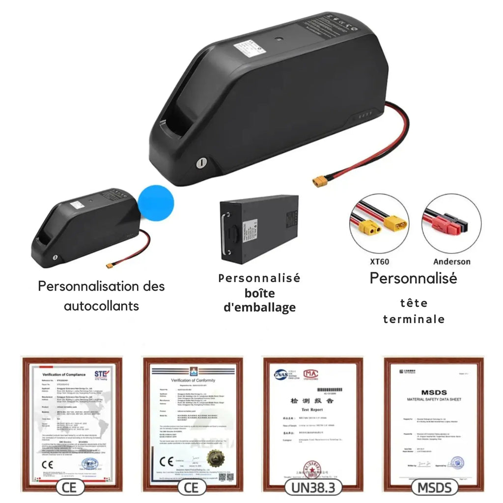 batterie vélo 48V 25Ah personnalisable connecteurs et certifications CE
