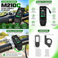 Infographie de l’écran Geeko M210C pour vélo électrique, avec écran TFT couleur ultra-compact affichant la vitesse, le niveau d’assistance, l’état de la batterie, la distance parcourue et le temps de trajet. Illustration de l’installation au guidon et des dimensions du boîtier.