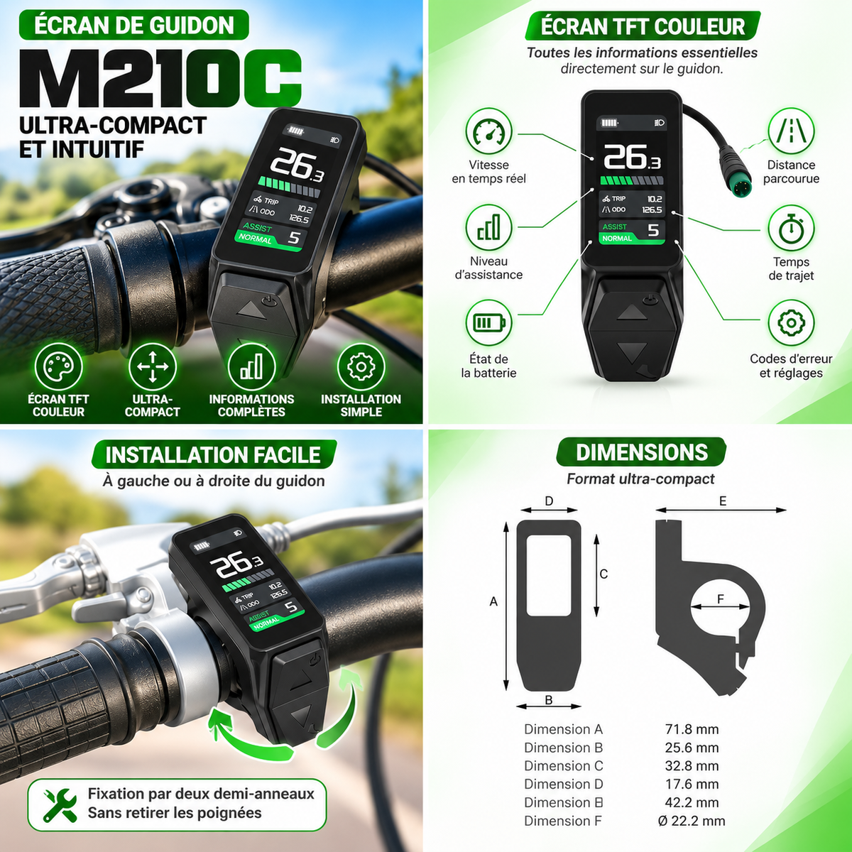 Infographie de l’écran Geeko M210C pour vélo électrique, avec écran TFT couleur ultra-compact affichant la vitesse, le niveau d’assistance, l’état de la batterie, la distance parcourue et le temps de trajet. Illustration de l’installation au guidon et des dimensions du boîtier.