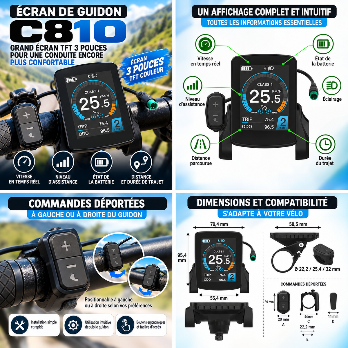 Infographie de l’écran de guidon Geeko C810 pour vélo électrique, avec écran TFT couleur de 3 pouces, affichage de la vitesse, du niveau d’assistance, de la batterie et de la distance parcourue, commandes déportées et dimensions de montage.