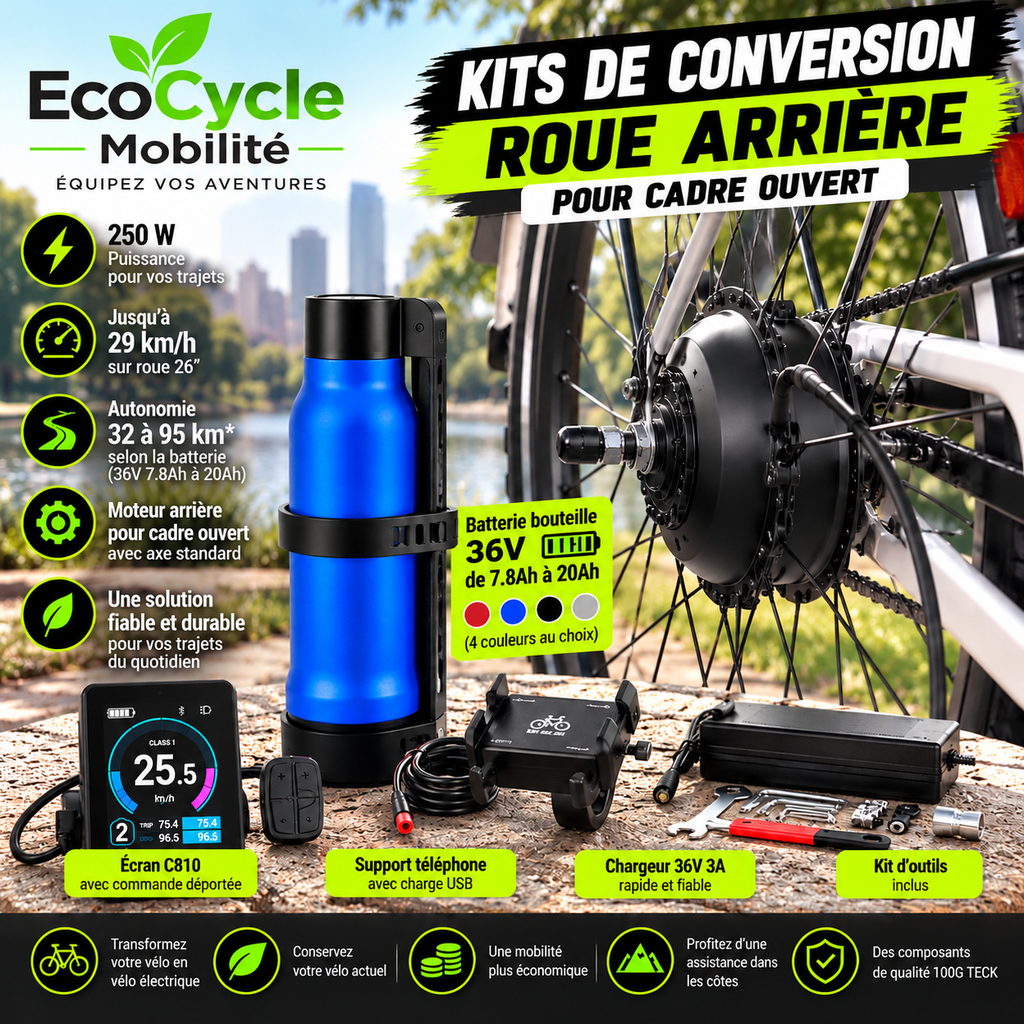 Kit de conversion vélo électrique 250W – Axe traversant EcoCycle Mobilité