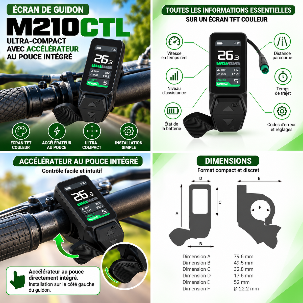 Infographie de l’écran Geeko M210CTL pour vélo électrique, avec écran TFT couleur compact et accélérateur au pouce intégré. Affiche la vitesse, le niveau d’assistance, l’état de la batterie, la distance parcourue et les informations de trajet. Dimensions et fixation au guidon illustrées.