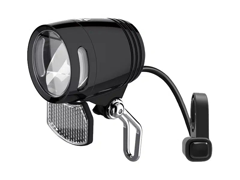 Feu avant LED Geeko noir pour vélo électrique, avec câble de raccordement, support de fixation et réflecteur inférieur.