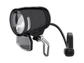 Feu avant LED Geeko noir pour vélo électrique, avec câble de raccordement, support de fixation et réflecteur inférieur.
