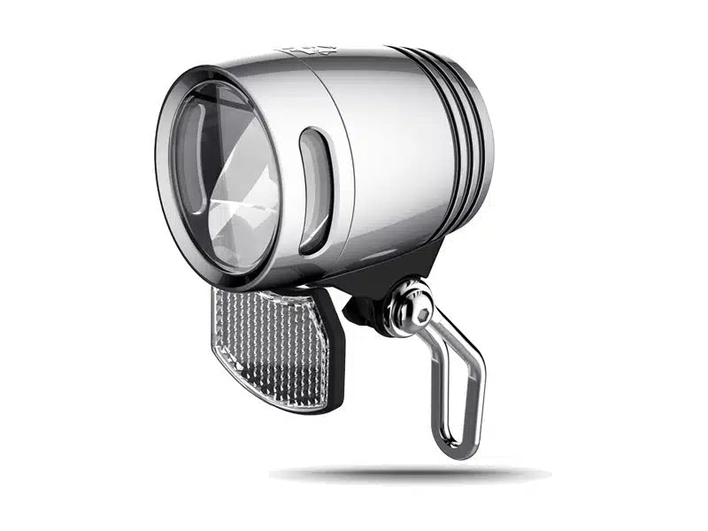 Feu avant LED Geeko argenté pour vélo électrique, avec optique frontale, réflecteur inférieur et support de fixation métallique.