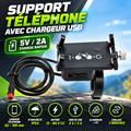 Support de téléphone pour vélo électrique avec chargeur USB 5 V 2 A, fixation au guidon et alimentation électrique filaire.