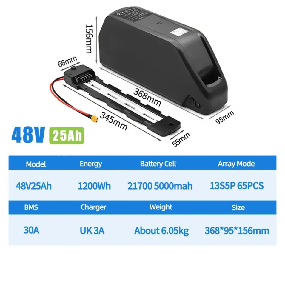 batterie vélo 48V 25Ah dimensions caractéristiques techniques 21700